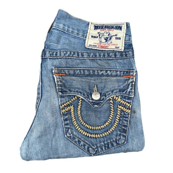 VINTAGE True Religion Jeans Size 32 STRAIGHT Trashed Rope Stitch Horseshoe - Picture 1 of 9